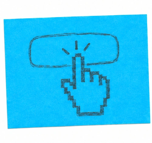 Pencil doodle on a cyan index card of a pixel hand cursor clicking a button