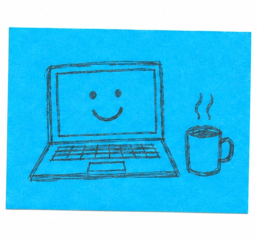 Pencil doodle on a cyan index card of a smiling laptop and a cup of coffee