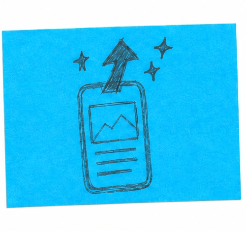 Pencil doodle on a cyan index card of a phone showing a website with an arrow shooting up